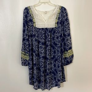 Umgee blue yellow boho embroidered flowing balloon sleeve tunic dress L